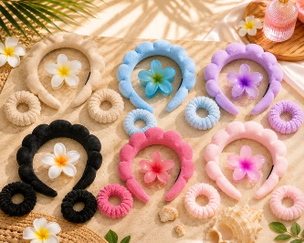 🌸 Set beauté visage 4 pièces – Bandeau, bracelets & pince fleur