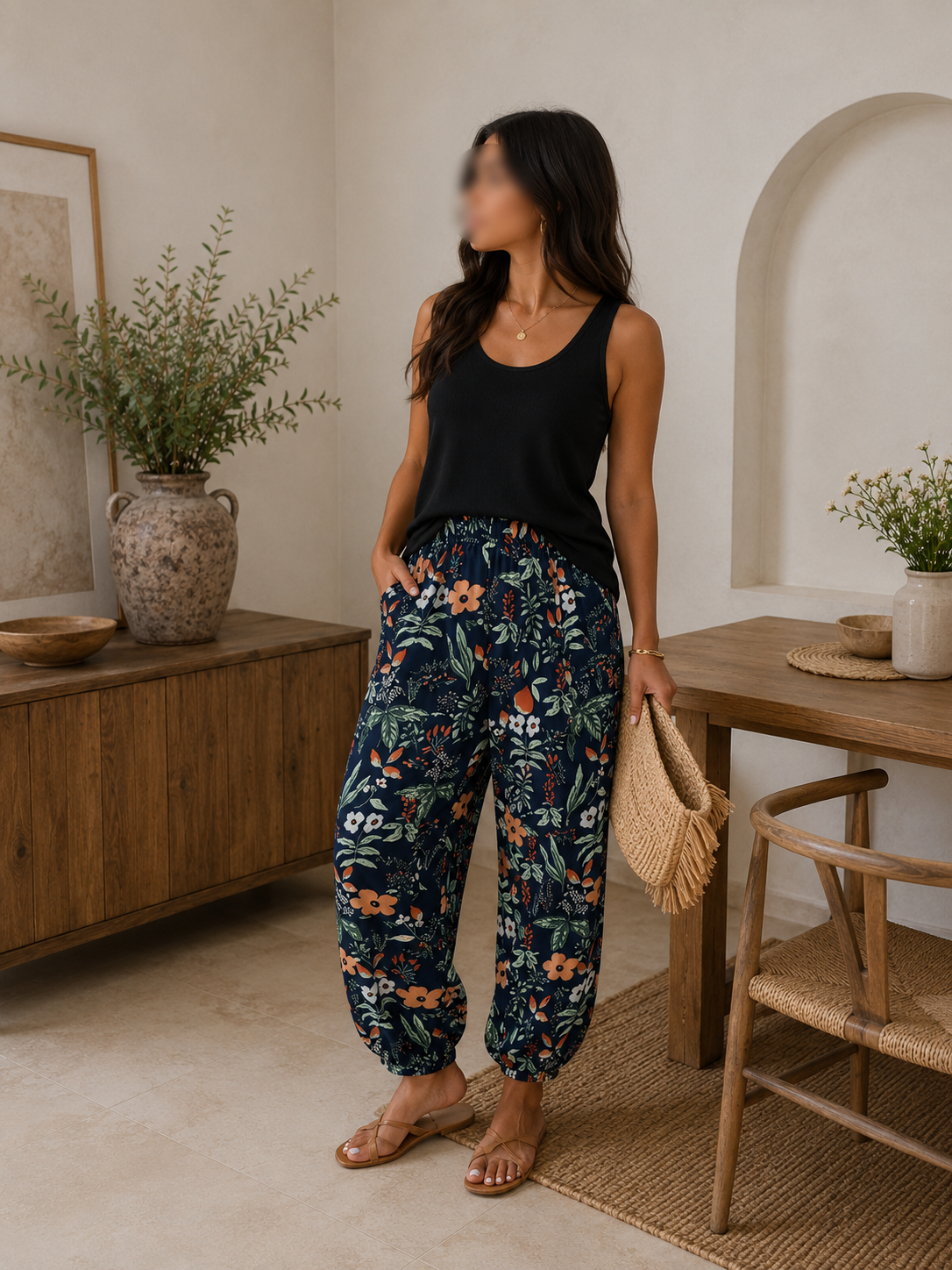 🌸 Pantalon Fluide Fleuri Marine