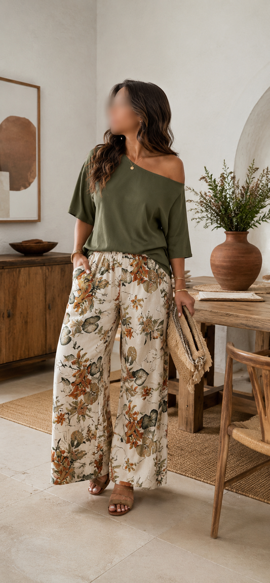 🌿 Pantalon Fluide Fleuri & Top Oversize Kaki 🌿